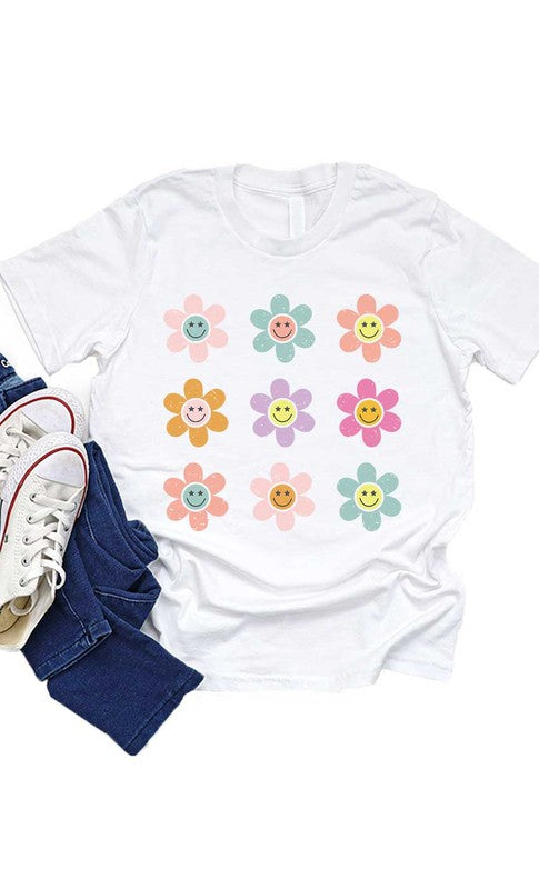 Retro Smiley Daisy Grid Kids Graphic Tee