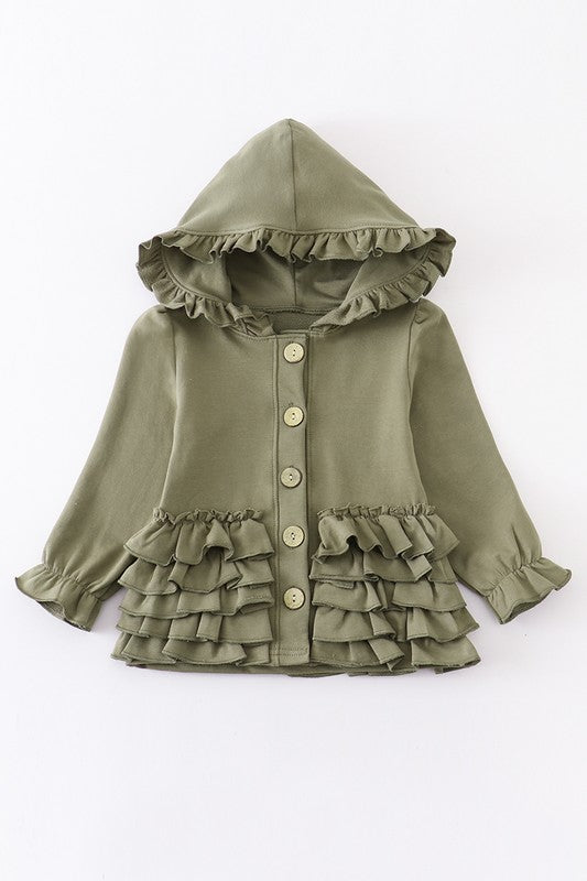 Olive ruffle button down hoodie jacket