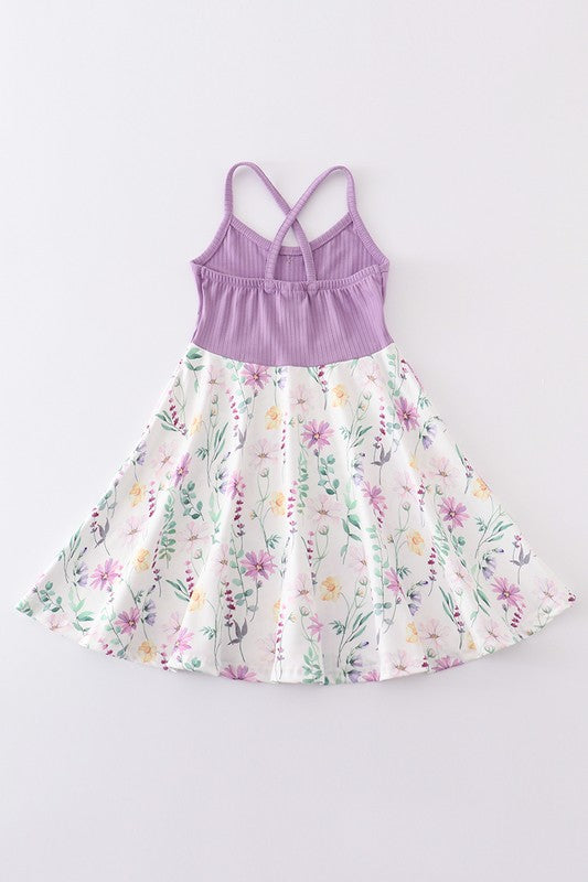 Purple floral print strap dress
