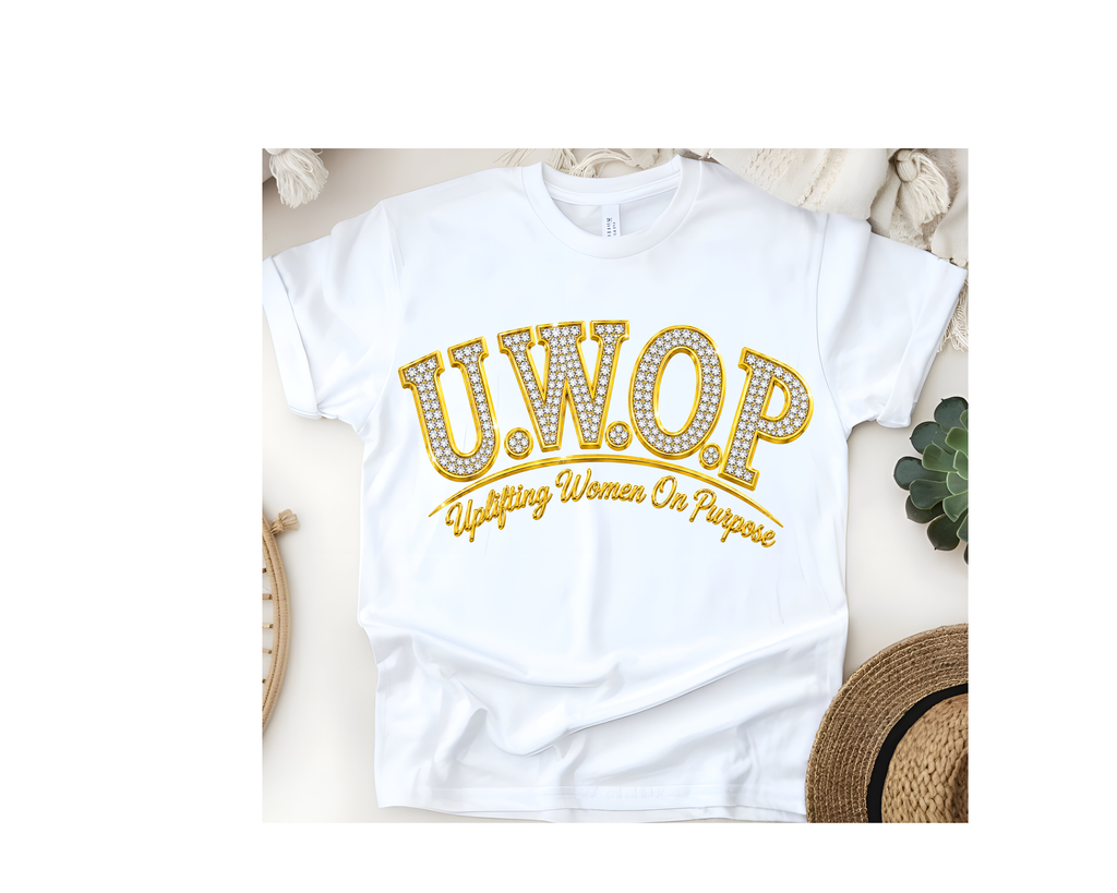 Customized U.W.O.P. Uplifting Women On Purpose Rhinestone Logo T-Shirt - Warm Colors