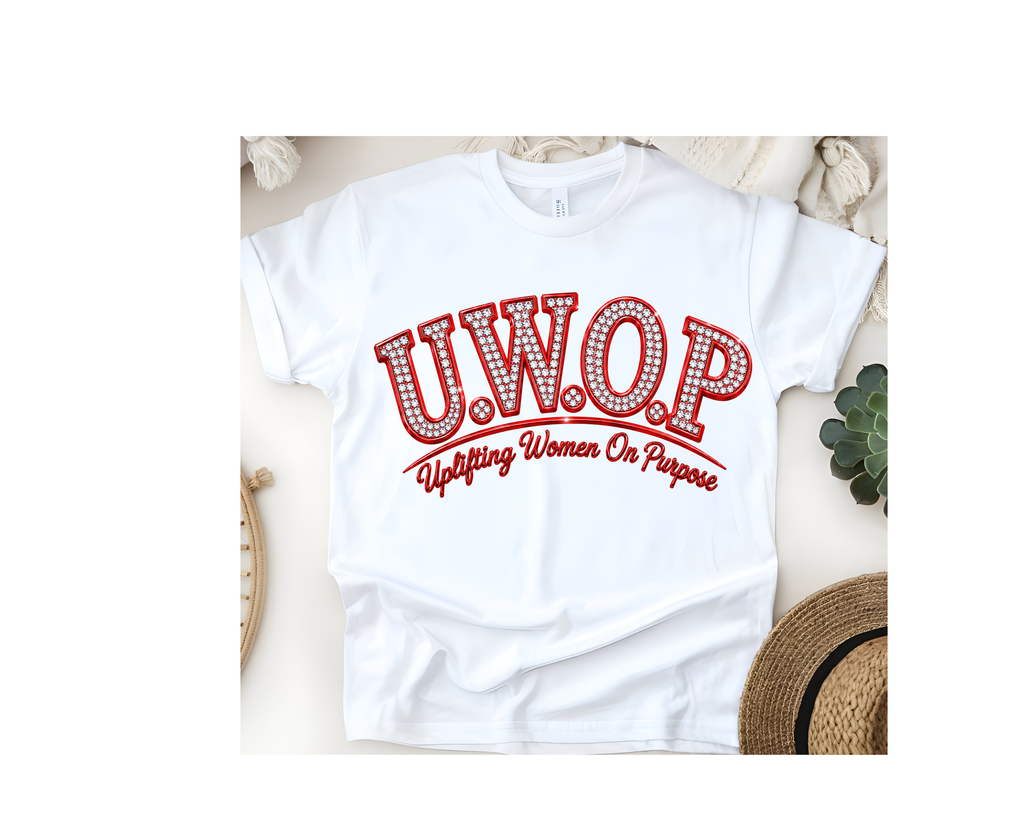 Customized U.W.O.P. Uplifting Women On Purpose Rhinestone Logo T-Shirt - Warm Colors