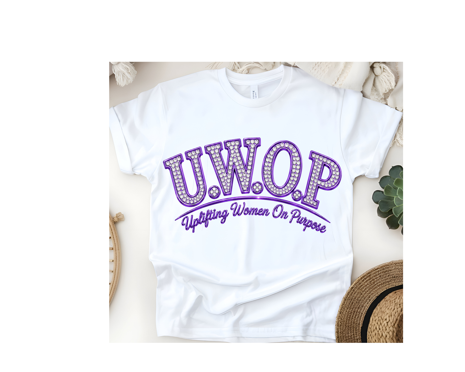 Customized U.W.O.P. Uplifting Women On Purpose Rhinestone Logo T-Shirt - Cool Colors