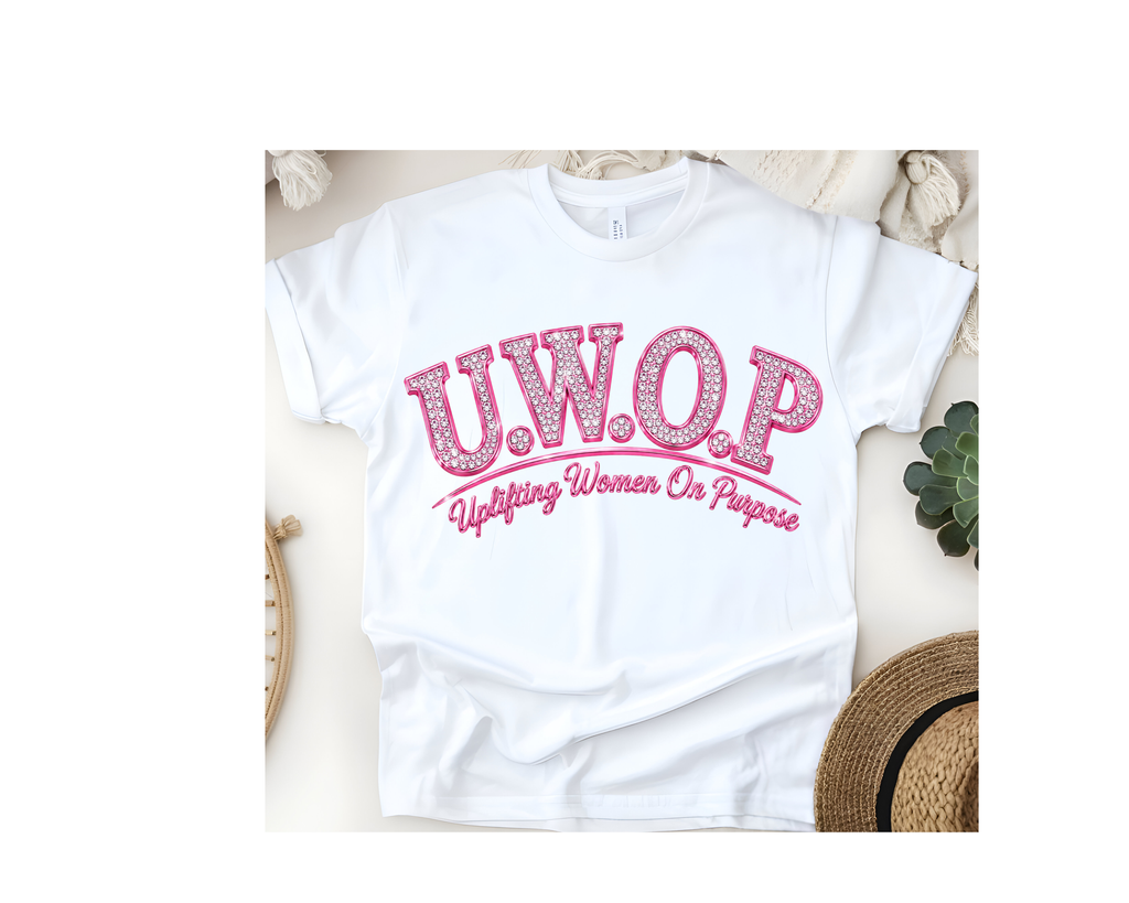 Customized U.W.O.P. Uplifting Women On Purpose Rhinestone Logo T-Shirt - Warm Colors