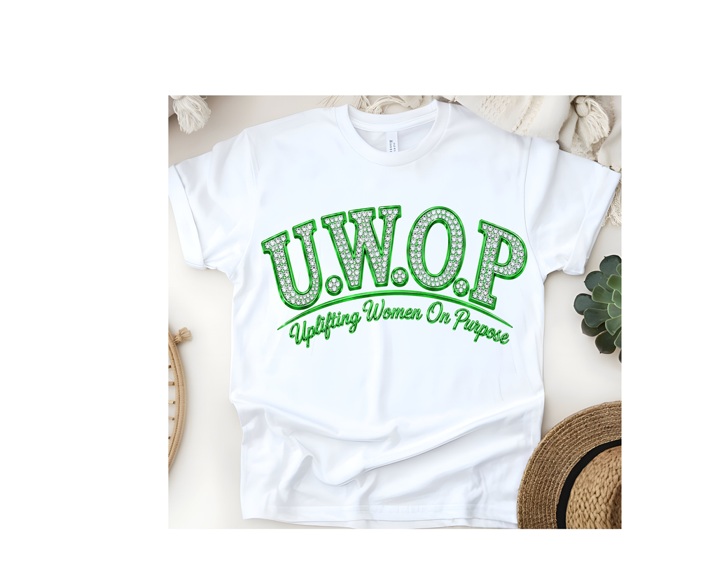 Customized U.W.O.P. Uplifting Women On Purpose Rhinestone Logo T-Shirt - Cool Colors