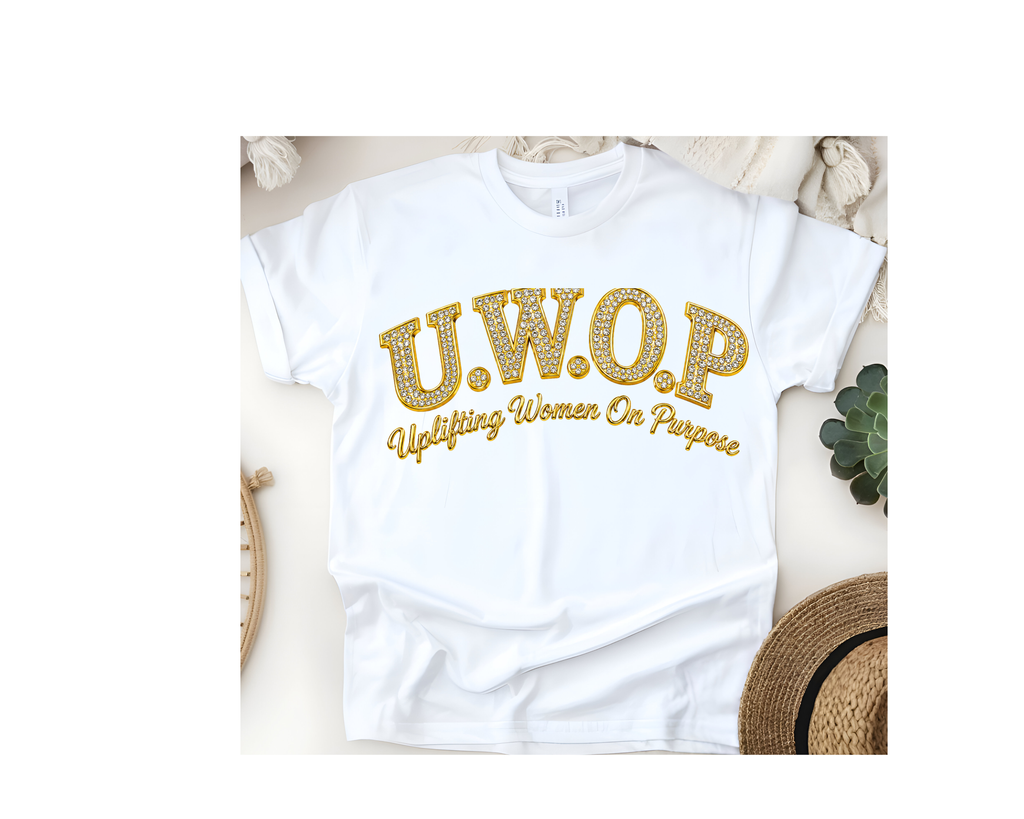 Customized U.W.O.P. Uplifting Women On Purpose Rhinestone Logo T-Shirt - Warm Colors