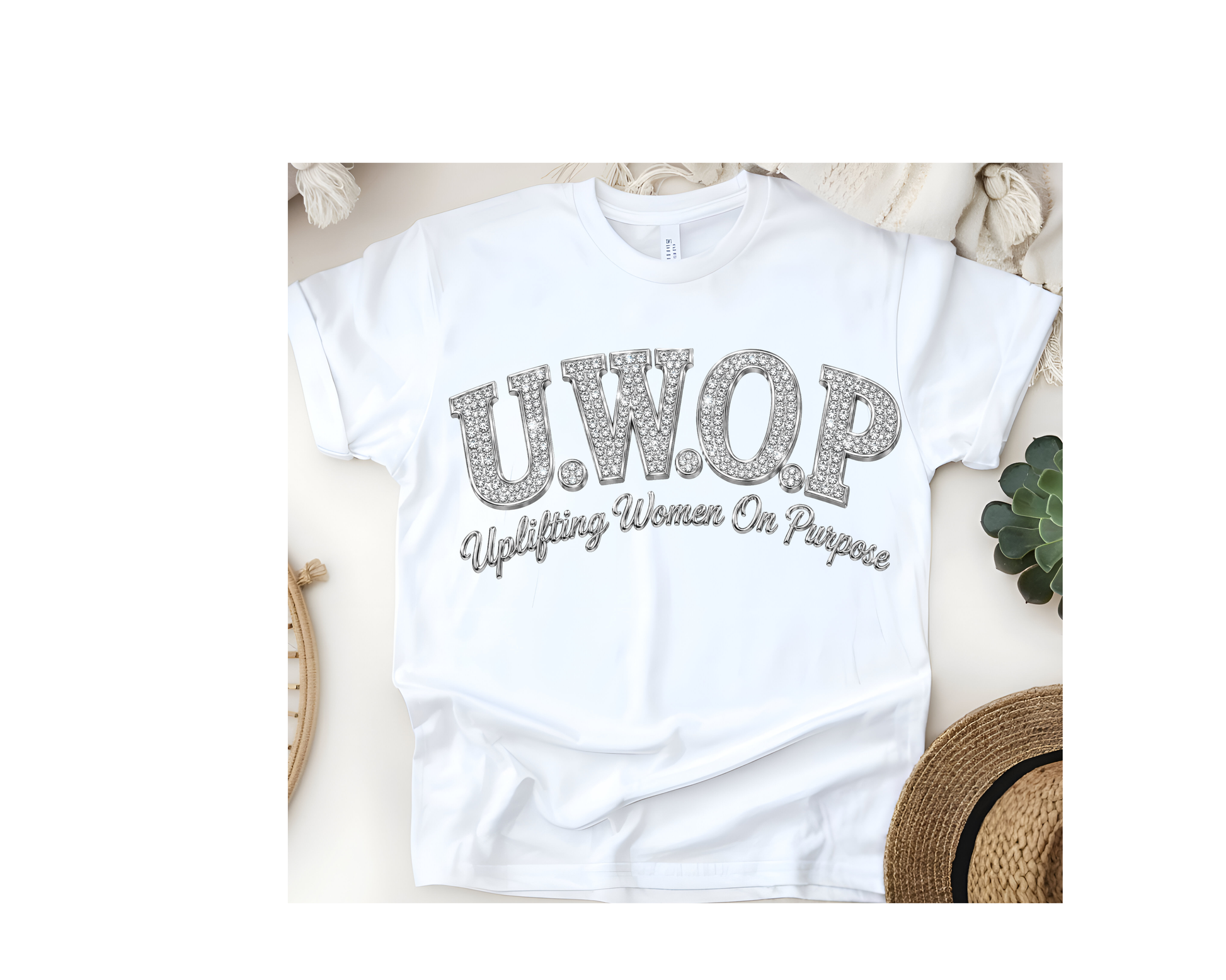 Customized U.W.O.P. Uplifting Women On Purpose Rhinestone Logo T-Shirt - Cool Colors