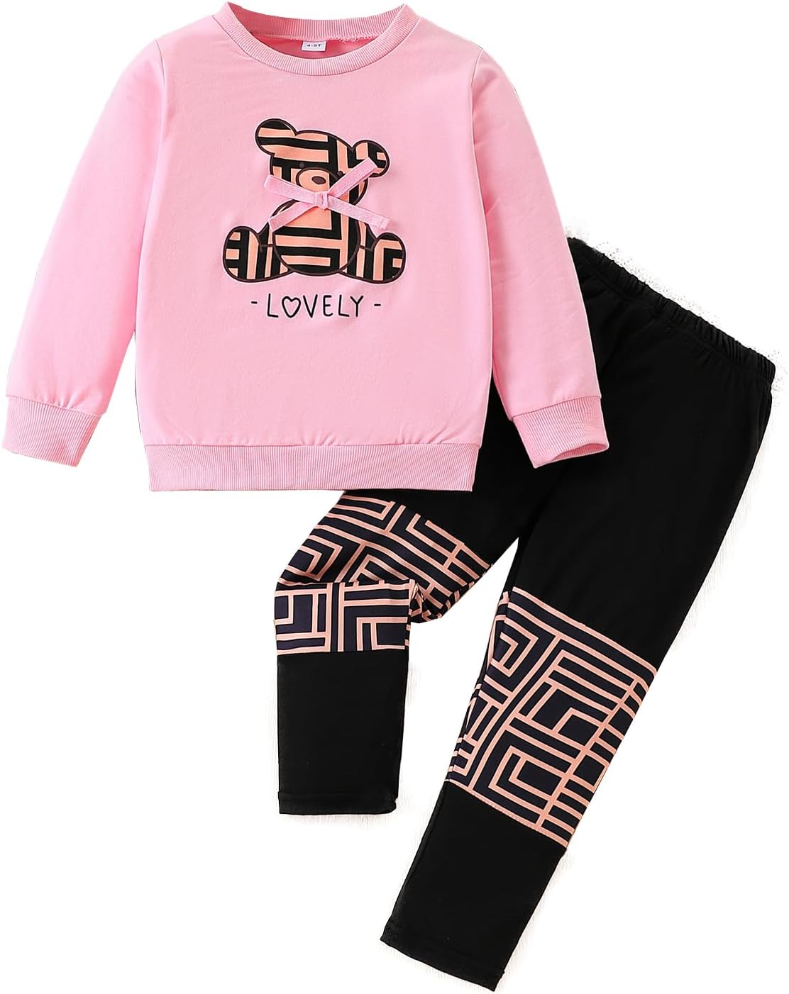 Kid Young Girl Clothes Outfit Bear Print Sweatshirt Colour Patchwork Pants 2PC Fall Winter Clothing Set