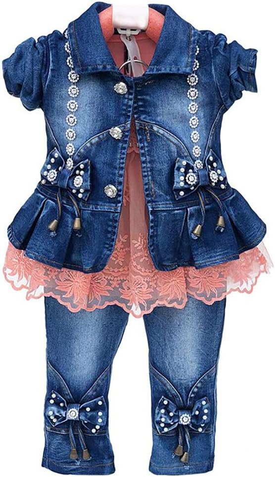 Spring Autumn Little Girls Clothing Set 3pcs Long Sleeve T-Shirt Denim Jacket and Jeans