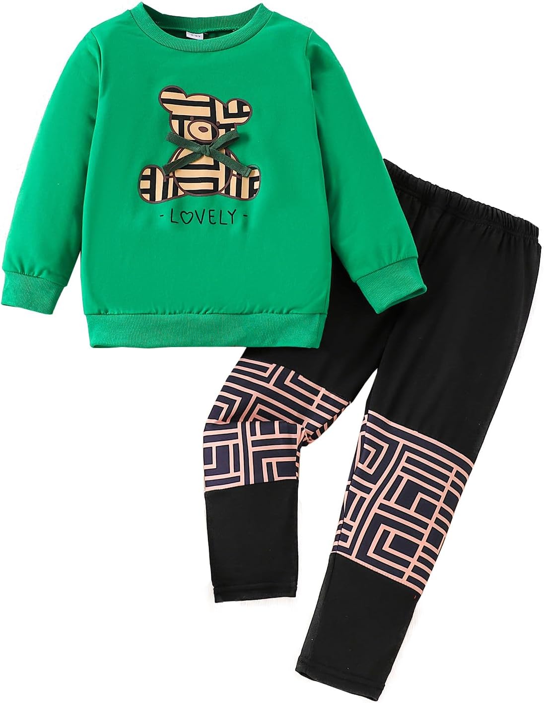 Kid Young Girl Clothes Outfit Bear Print Sweatshirt Colour Patchwork Pants 2PC Fall Winter Clothing Set