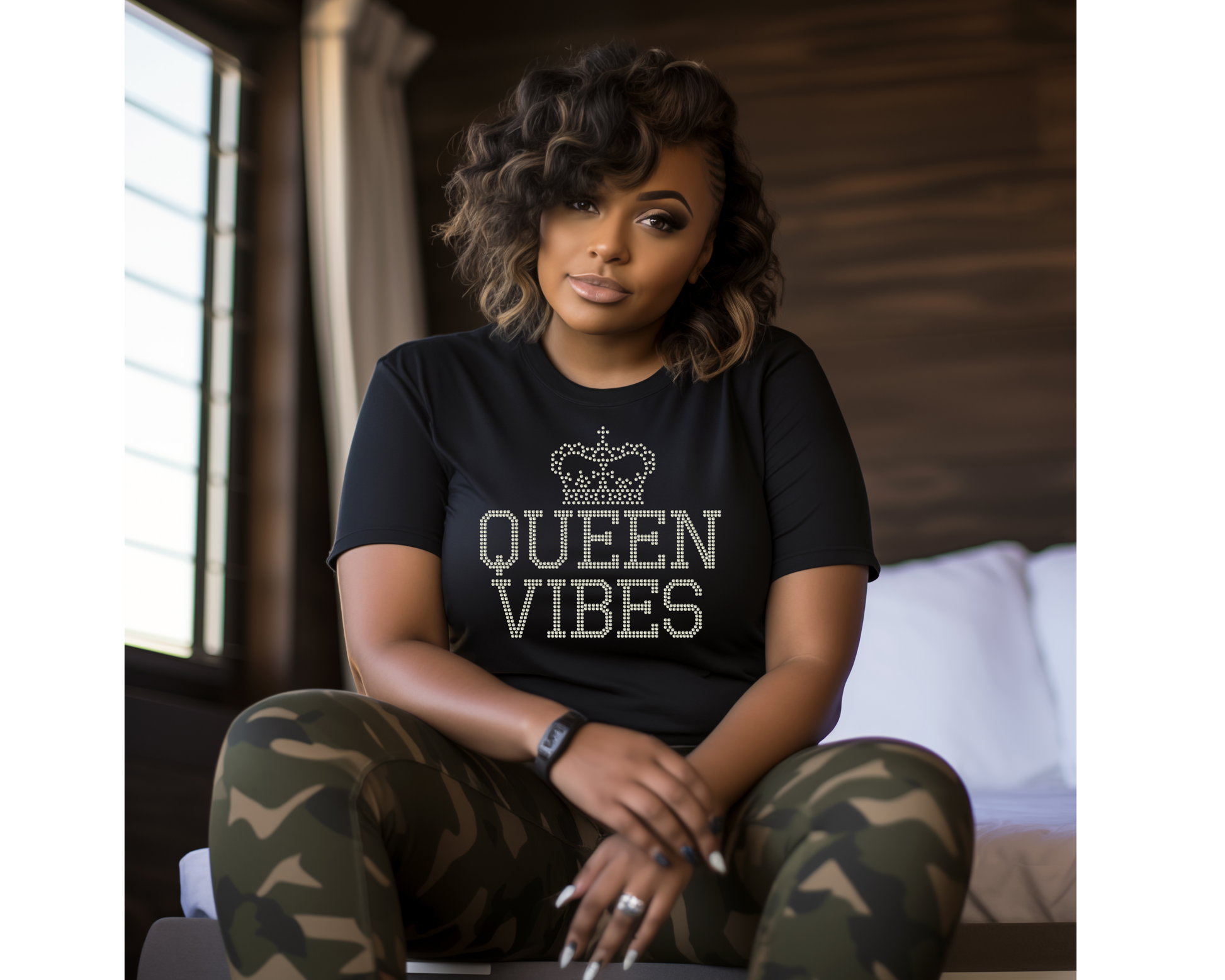 Customized Rhinestone T Shirt " Queen Vibes "