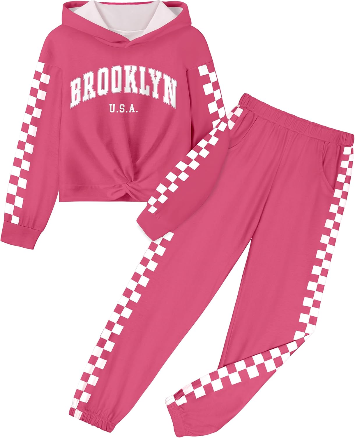 Girls' Clothing Sets, Girls Clothes Twist Cross Letter Printing Hooded Sweatshirt + Elastic Cuff Pants Plaid Set 7-16T