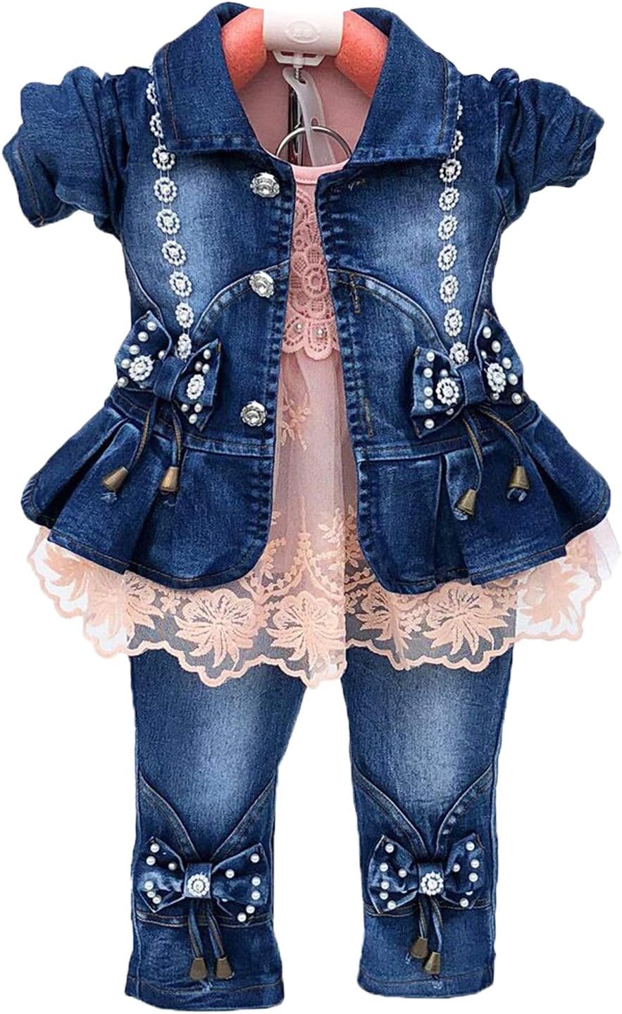 Spring Autumn Little Girls Clothing Set 3pcs Long Sleeve T-Shirt Denim Jacket and Jeans