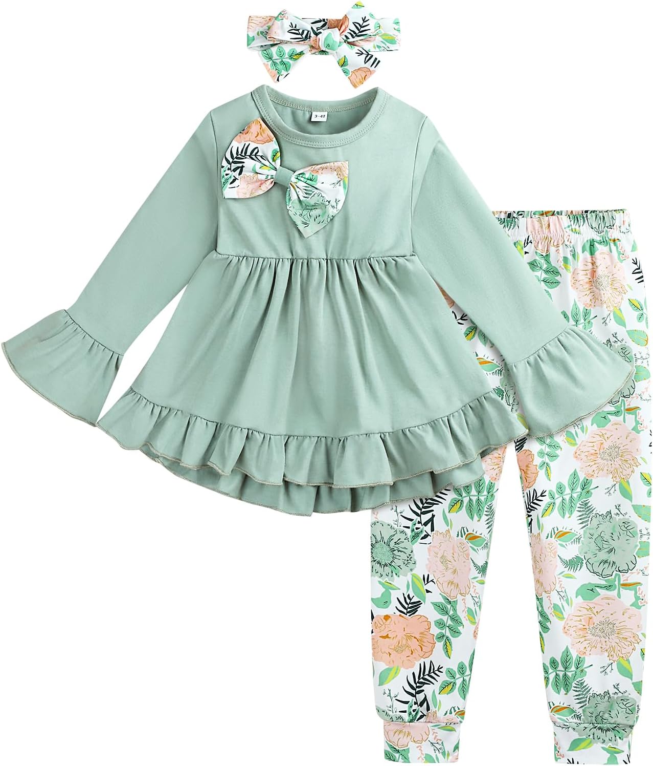 Toddler Baby Girl Clothes Floral Outfit Ruffle Sleeve Shirt with Headband 3PC Pant Set Fall Winter Clothing for Girl