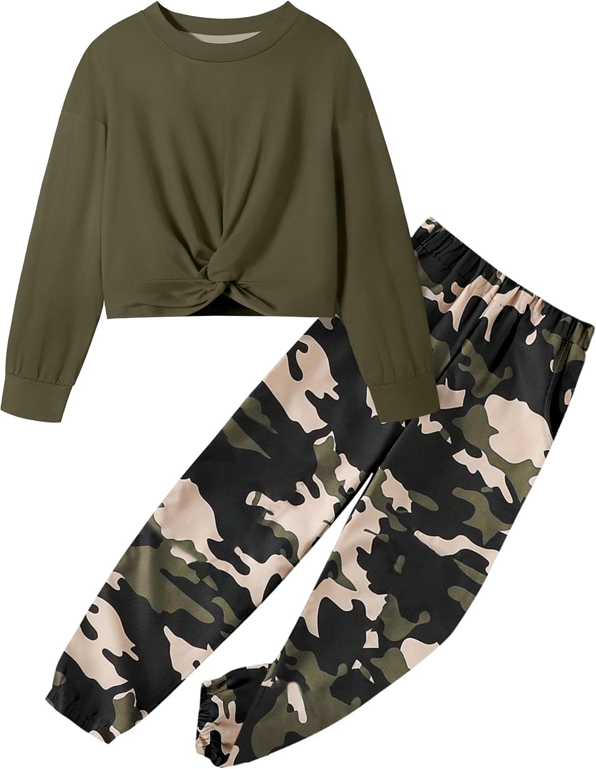 Girls Fall Outfits 2 Piece Fashion Twist Front Pullover Sweatshirt and Camo Pants Clothing Sets 7-14Years