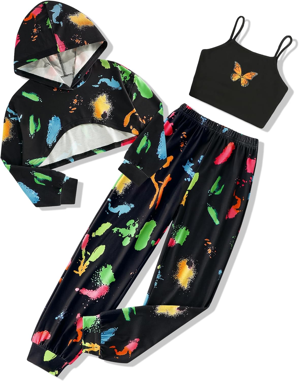 Girls Clothes 3PC Tie-dye with Butterfly Print Hoodie Sweatshirt & Butterfly Print Cami Tops & Sweatpants Girls