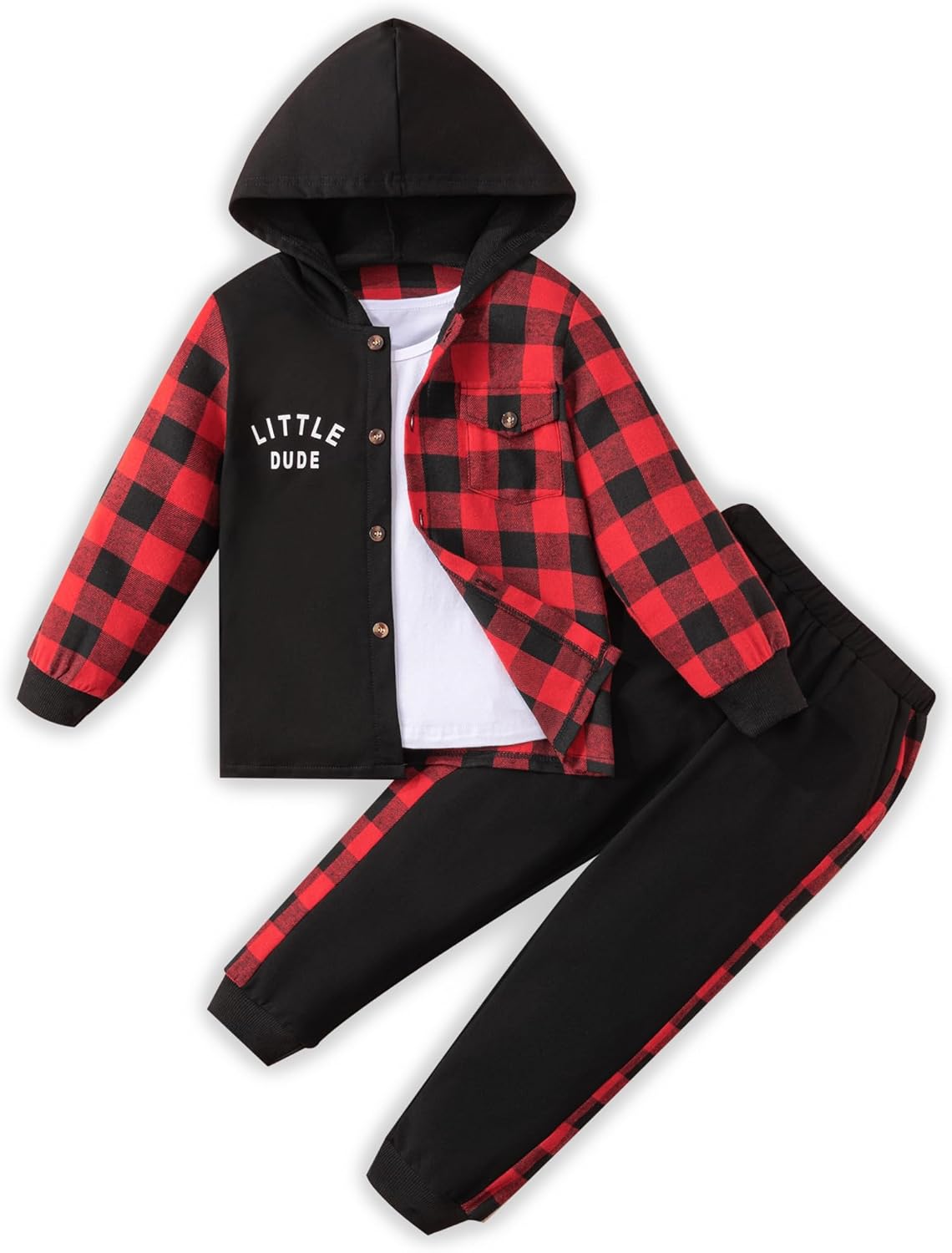 Toddler Boy Clothes Plaid Hooded Shirt White T-shirt Top and Solid Color Pants 3Pcs Winter Boys Clothes