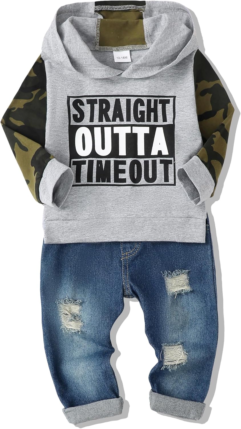 Renotemy Toddler Infant Baby Boy Clothes Winter Fall Outfits Hoodie Sweatshirt Ripped Jeans Toddler Clothes for Boys