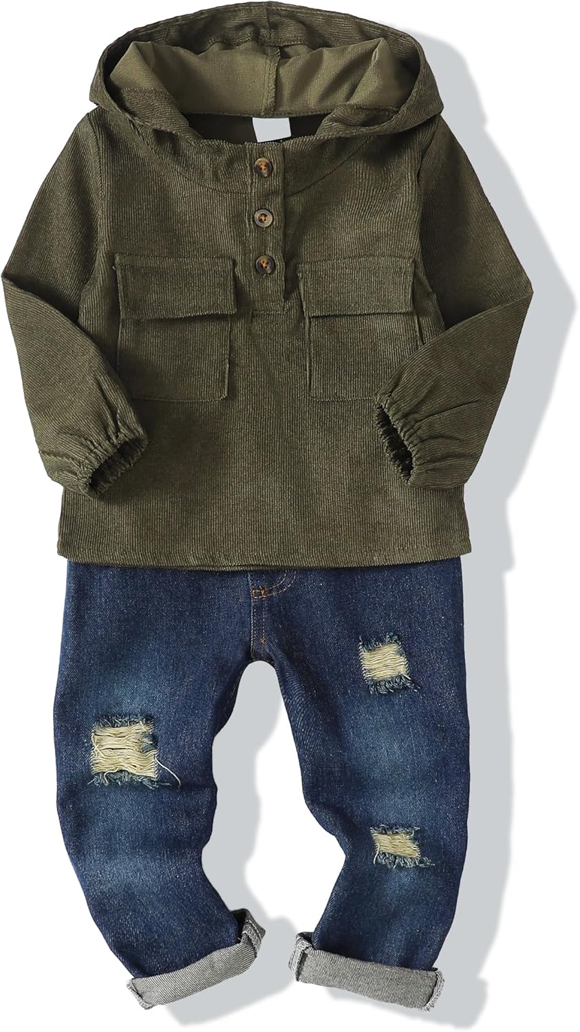 Renotemy Toddler Infant Baby Boy Clothes Winter Fall Outfits Hoodie Sweatshirt Ripped Jeans Toddler Clothes for Boys