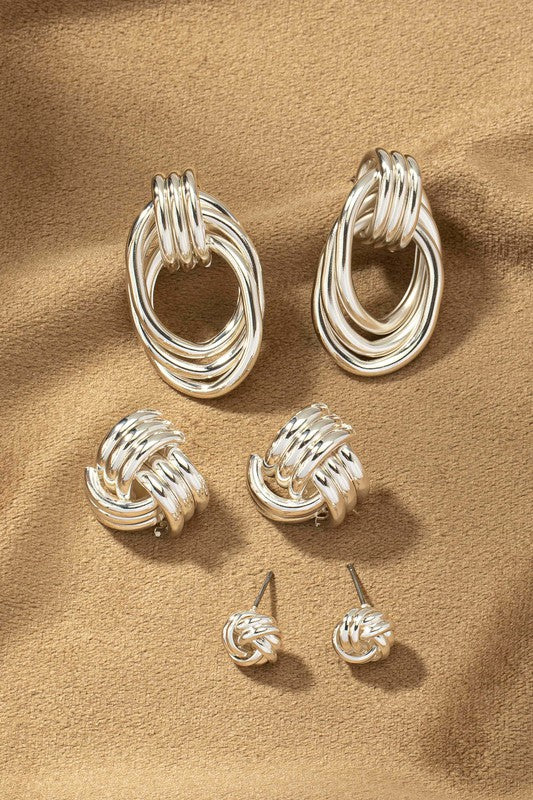 Premium trio metal knot and hoop earrings