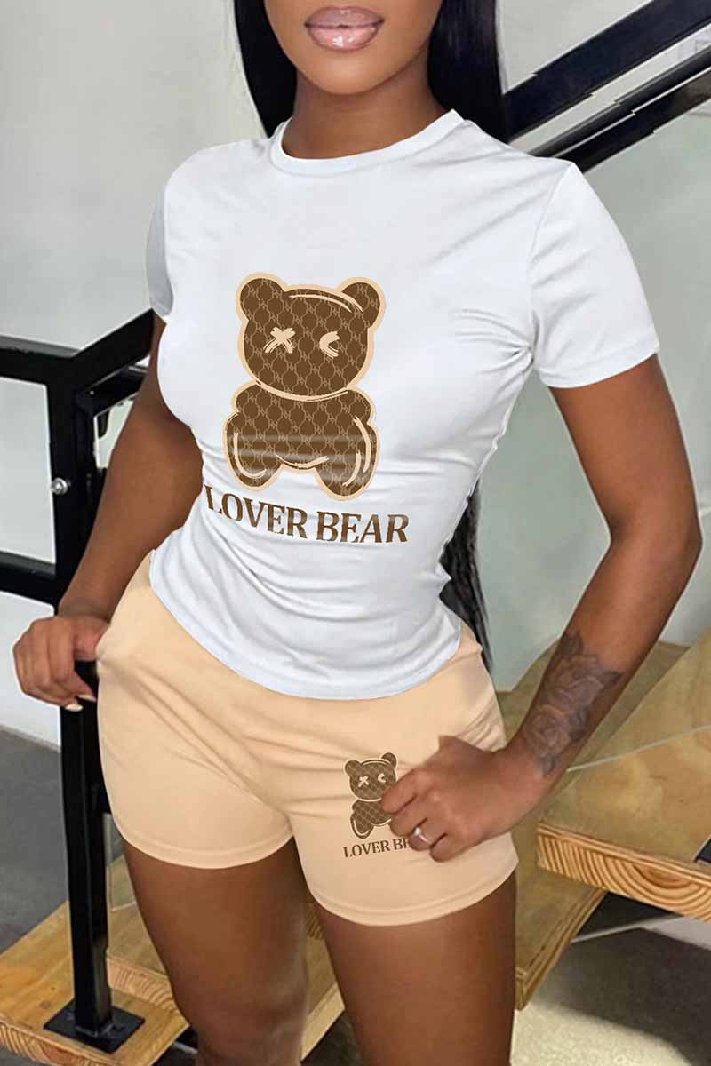 Khaki Casual Print Letter O Neck Short Sleeve Two Pieces