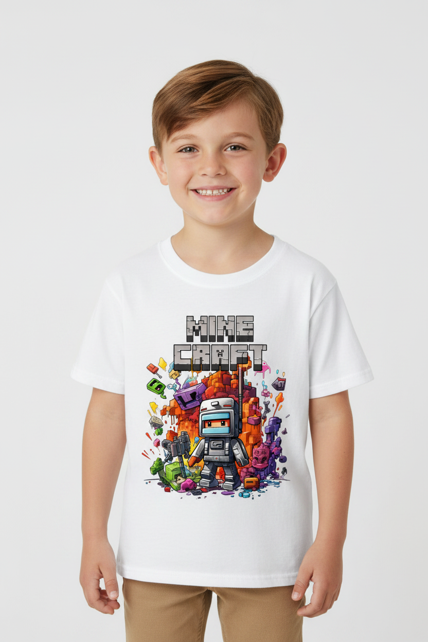 Boy wearing white Gildan t-shirt with Minecraft graphic design