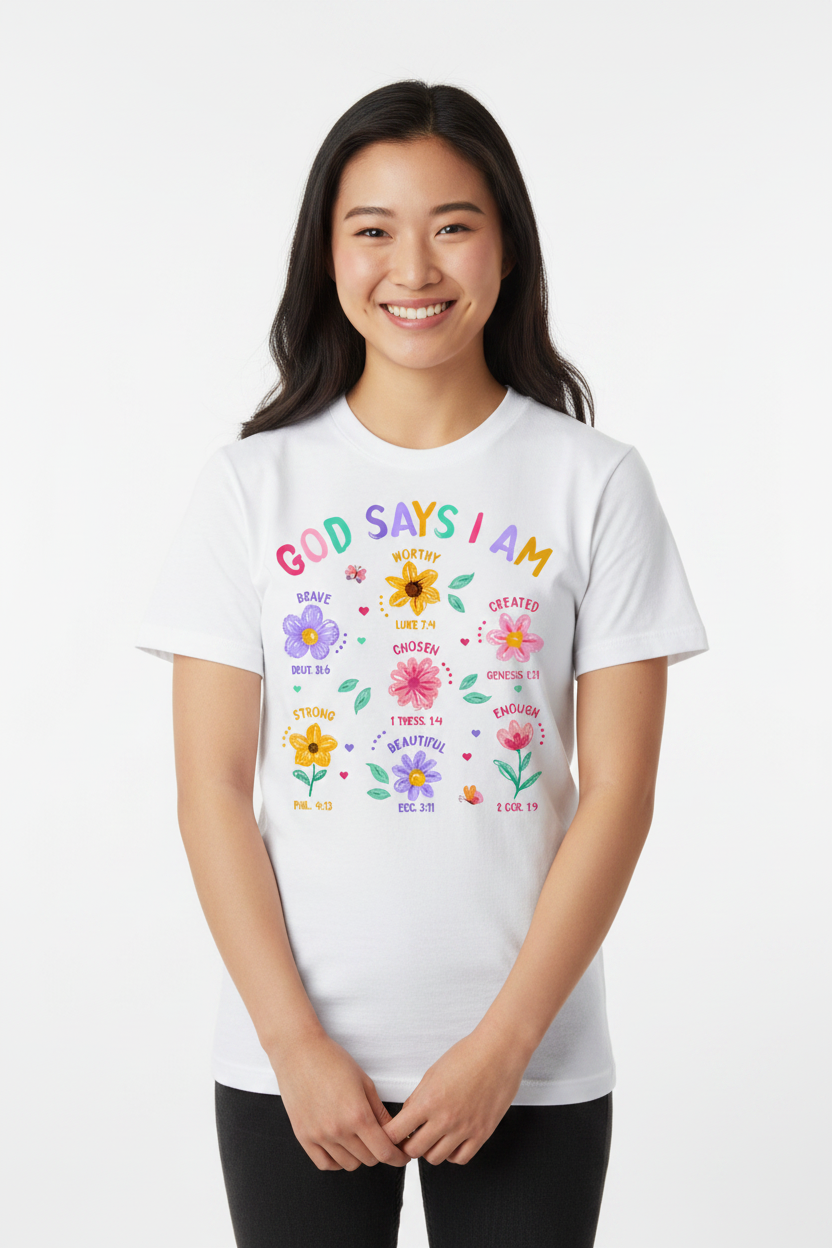 Asian girl wearing white Gildan t-shirt with God Says I Am design
