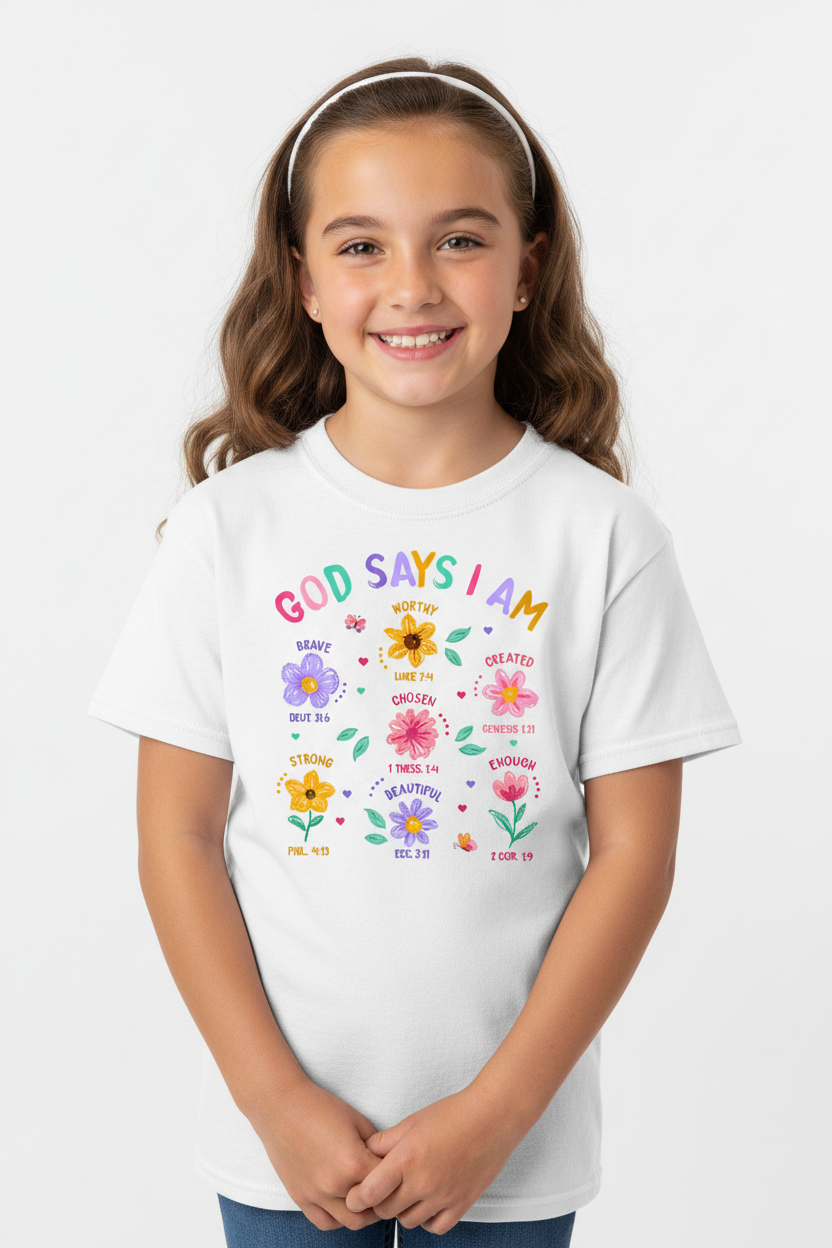 Girl wearing white Gildan t-shirt with God Says I Am floral design