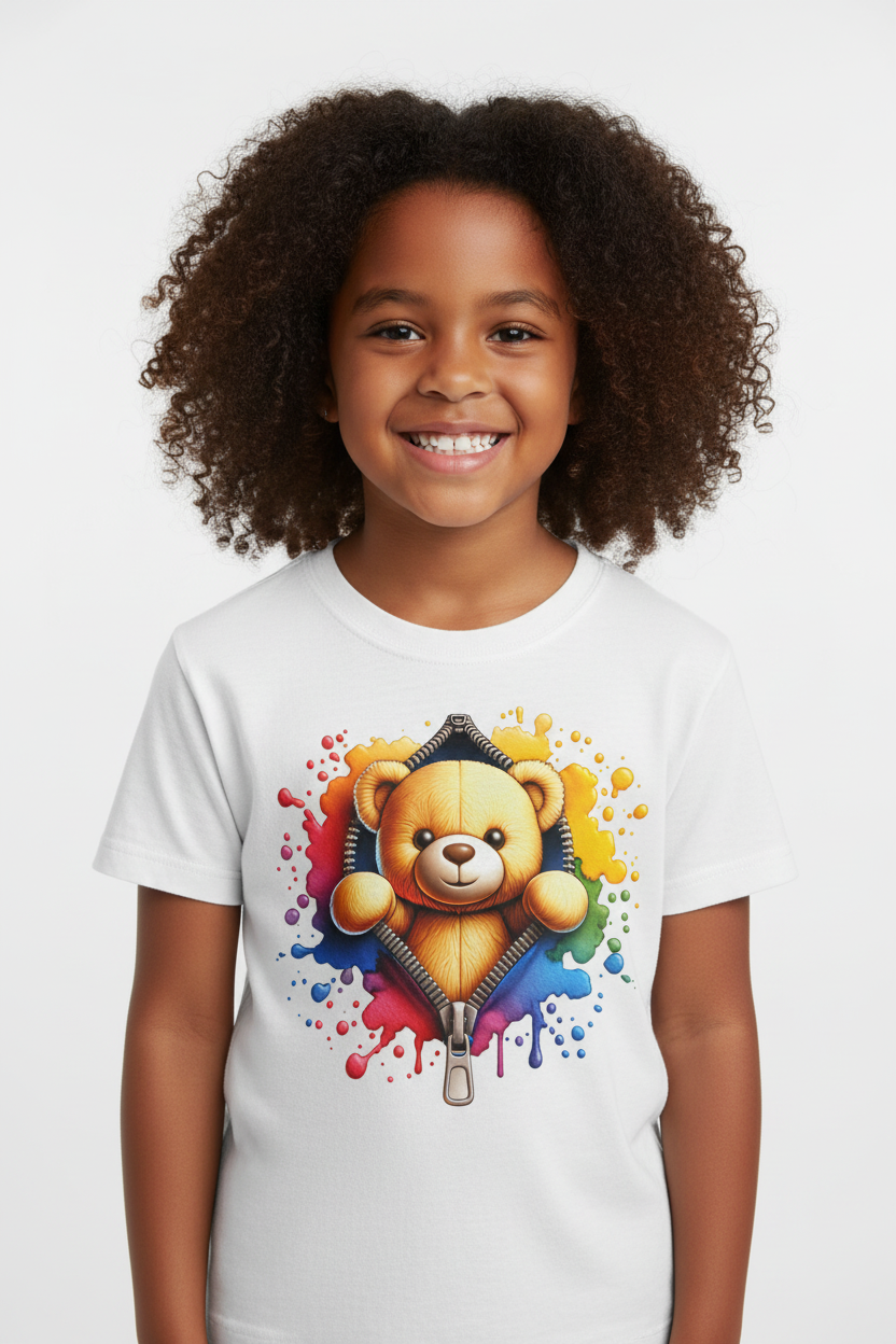 African American girl wearing white Gildan t-shirt with teddy bear zipper design