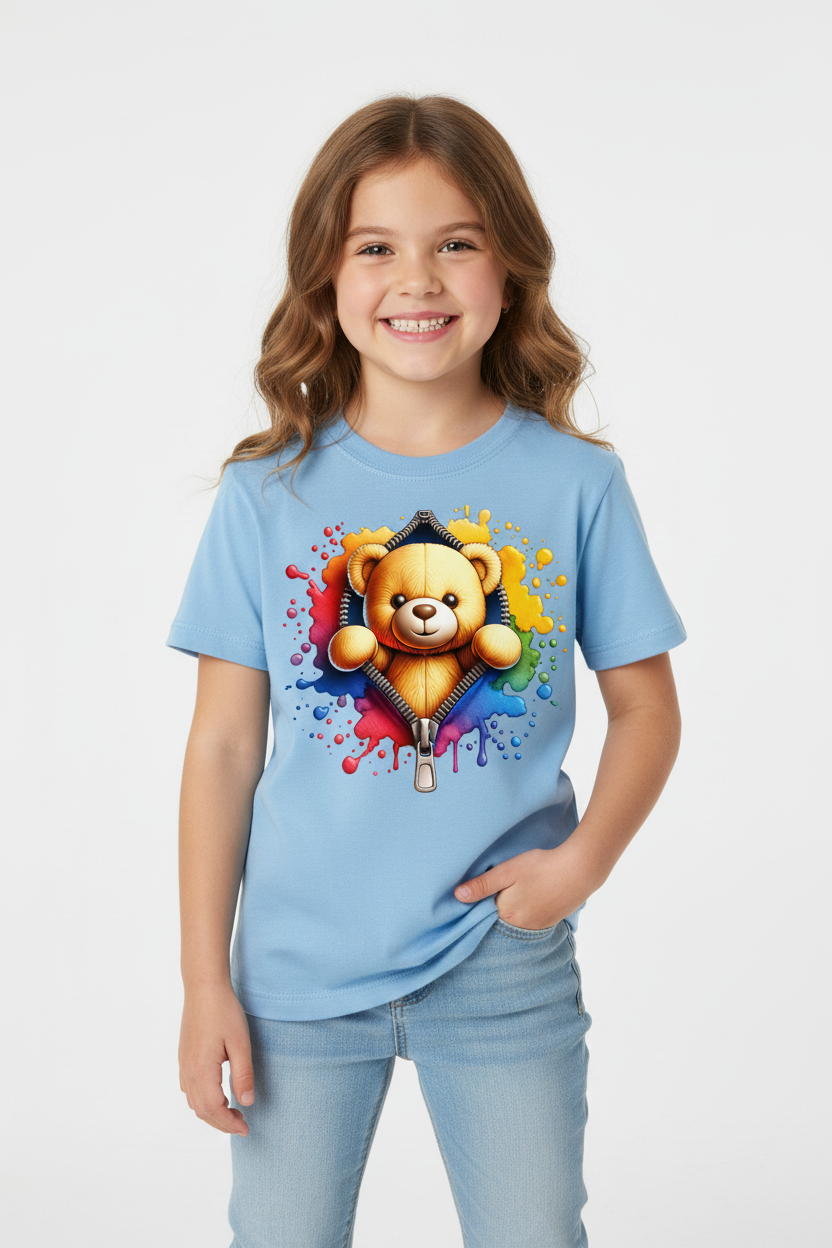 Girl wearing light blue Gildan t-shirt with teddy bear zipper design