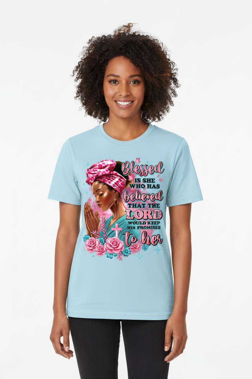 Blessed Is She Light Blue T-Shirt on Model