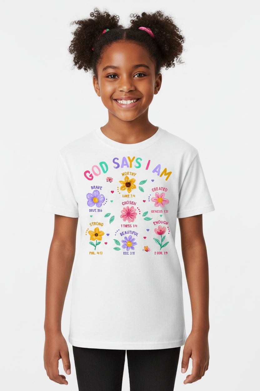 African American girl wearing white Gildan t-shirt with God Says I Am design