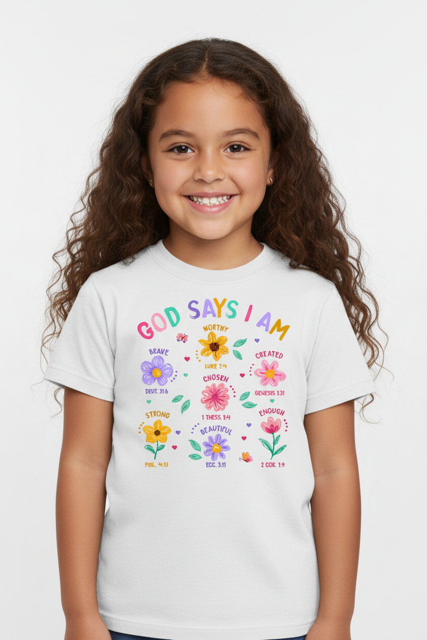 Hispanic girl wearing white Gildan t-shirt with God Says I Am design