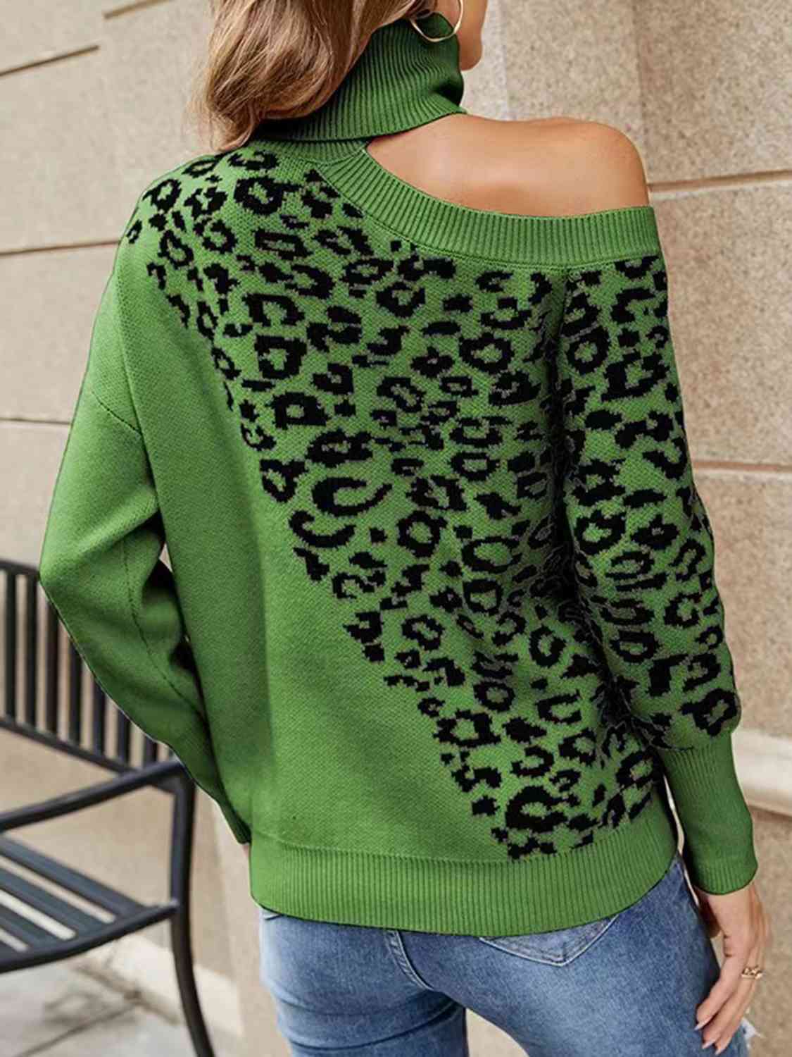 Leopard Turtleneck Cold Shoulder Long Sleeve Sweater