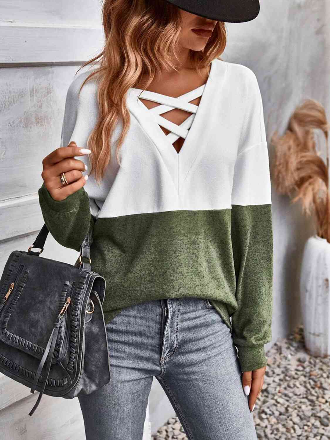 Two-Tone Crisscross Detail Sweatshirt