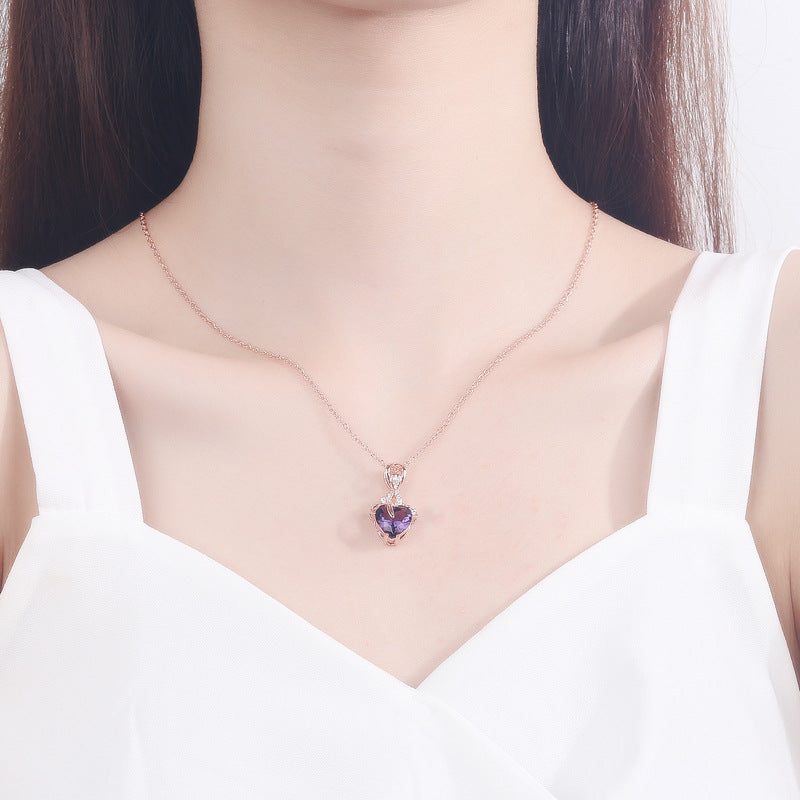 14K Rose Gold Color Necklace Purple Heart Pendant Gemstone Chain