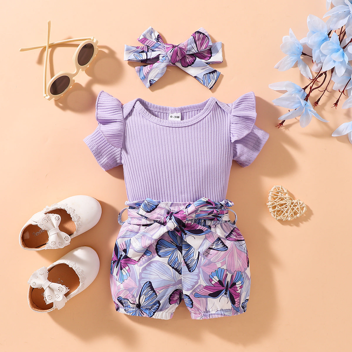 Ribbed Ruffle Shoulder Bodysuit and Butterfly Print Shorts Set