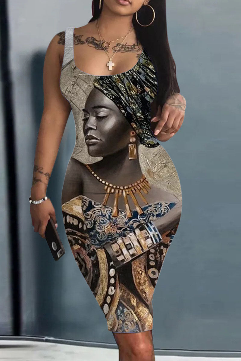 Casual Street African Print Patchwork U Neck Pencil Skirt Dress