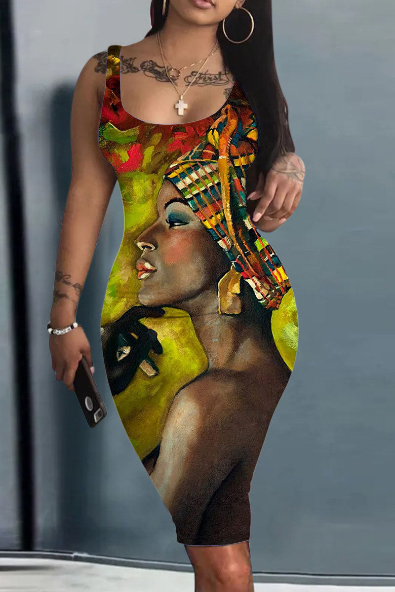 Casual Street African Print Patchwork U Neck Pencil Skirt Dress